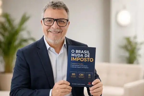 Wagner Rubim Rangel segurando o livro O Brasil muda de imposto